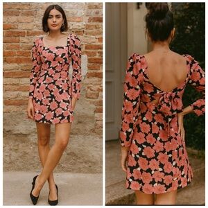 NWT Reiss Coral Pink Floral Square Neck Long Sleeve Mini Dress Size 6